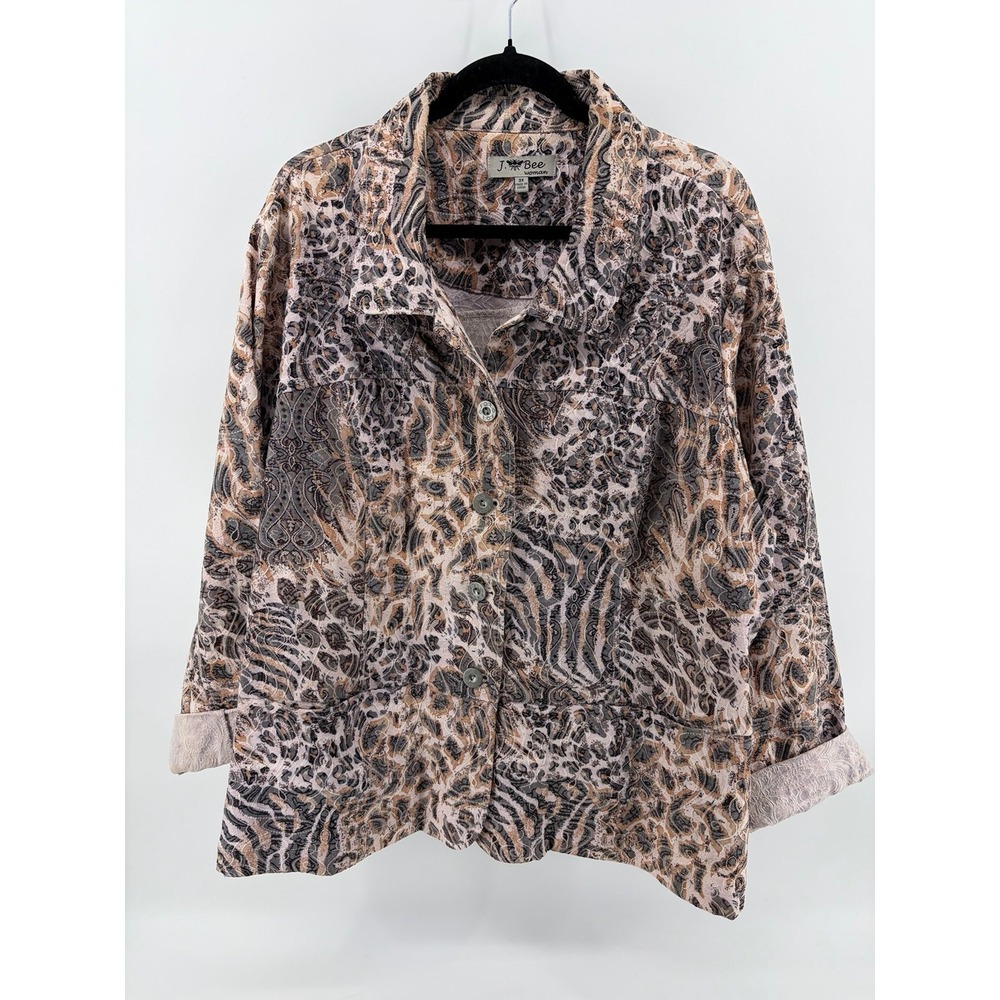 J. Bee Button Down Jacket, Animal Print, Embroidered Swirl Paisley Pattern, 3X